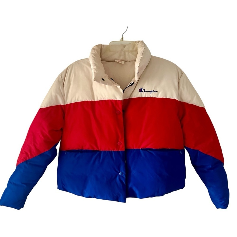 Champion Tri-Color Blue Red & Cream Puffer Jacket Retro Style Size S